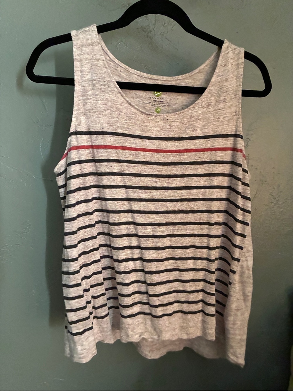 Dakini Heather Gray Tank with Black & Red Stripes Natural Fibers Linen Lrg